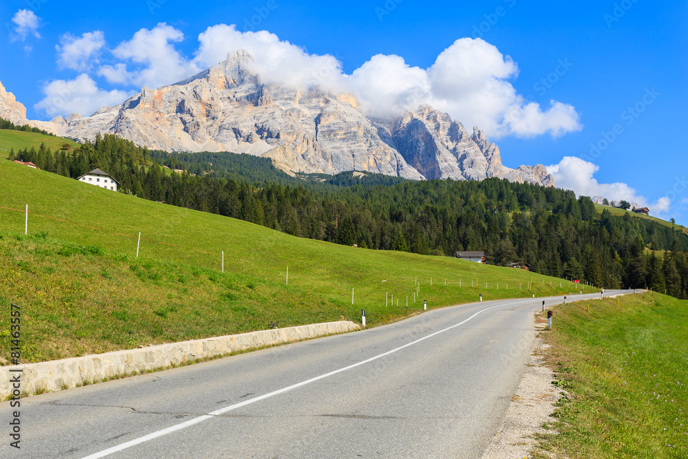 Fototapeta premium Scenic road in La Villa village, Dolomites Mountains, Italy