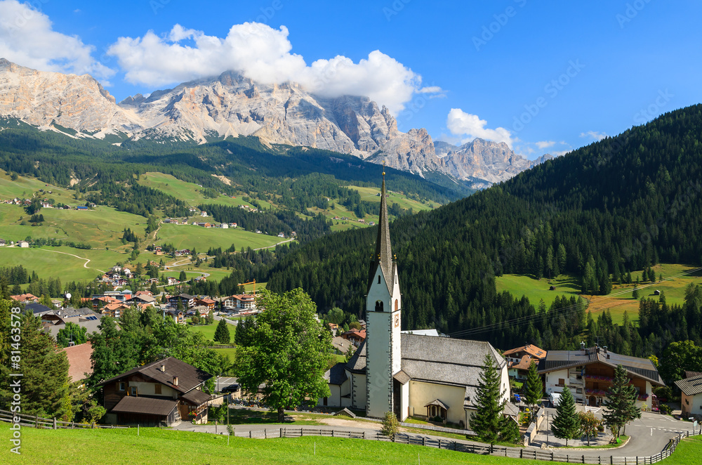 View of La Villa village church in Dolomites Mountains, italy