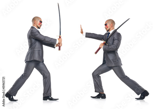 Two men figthing with the sword isolated on white