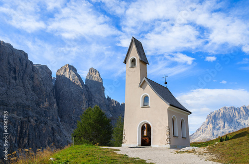 Church on Passo Gardena in Dolomites Mountains, Italy