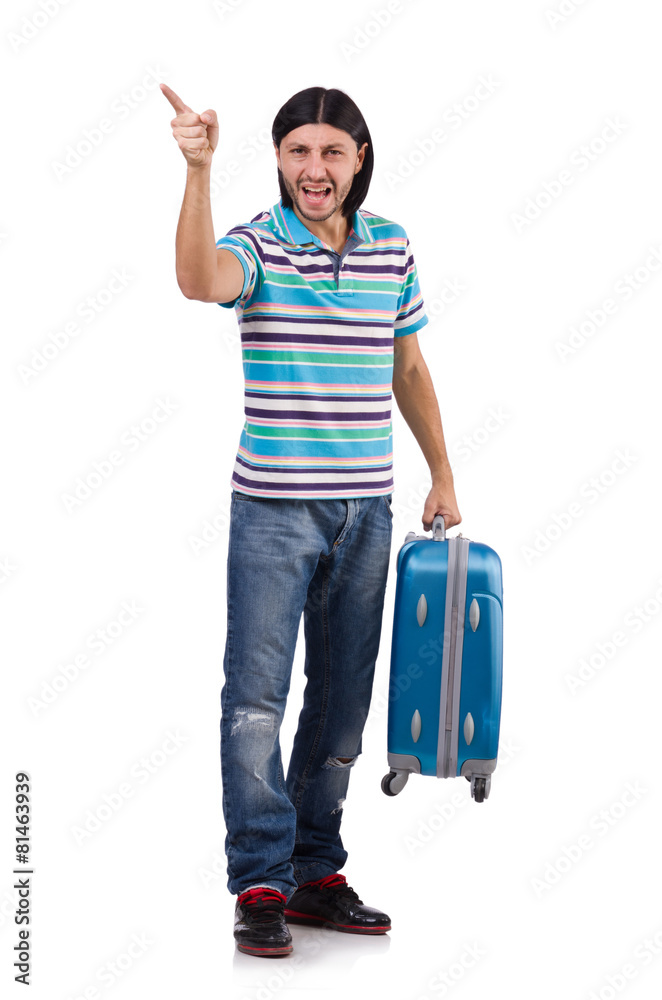 Young man with suitcase isolated on white Young man with suitcase isolated on white