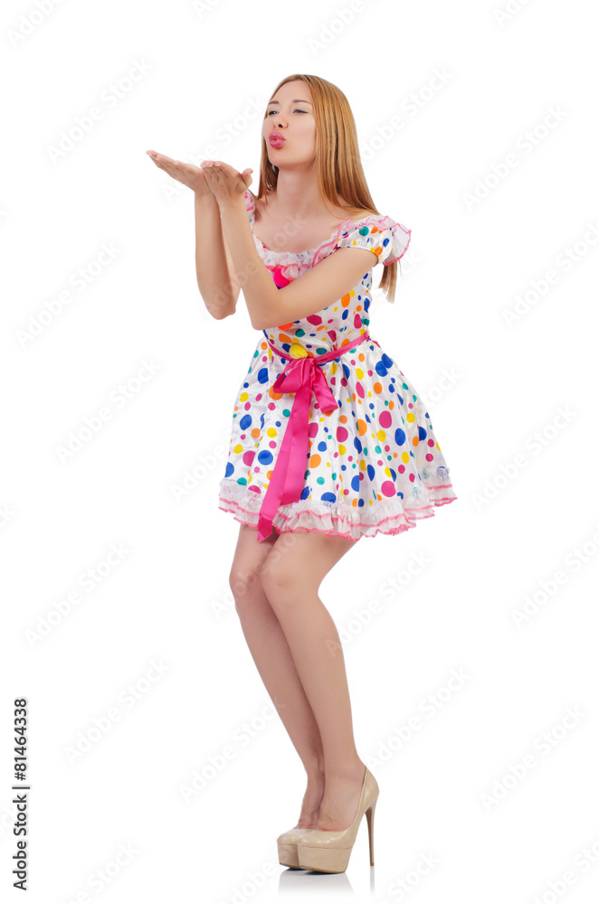Woman in polka-dot dress isolated on white Woman in polka-dot dress isolated on white
