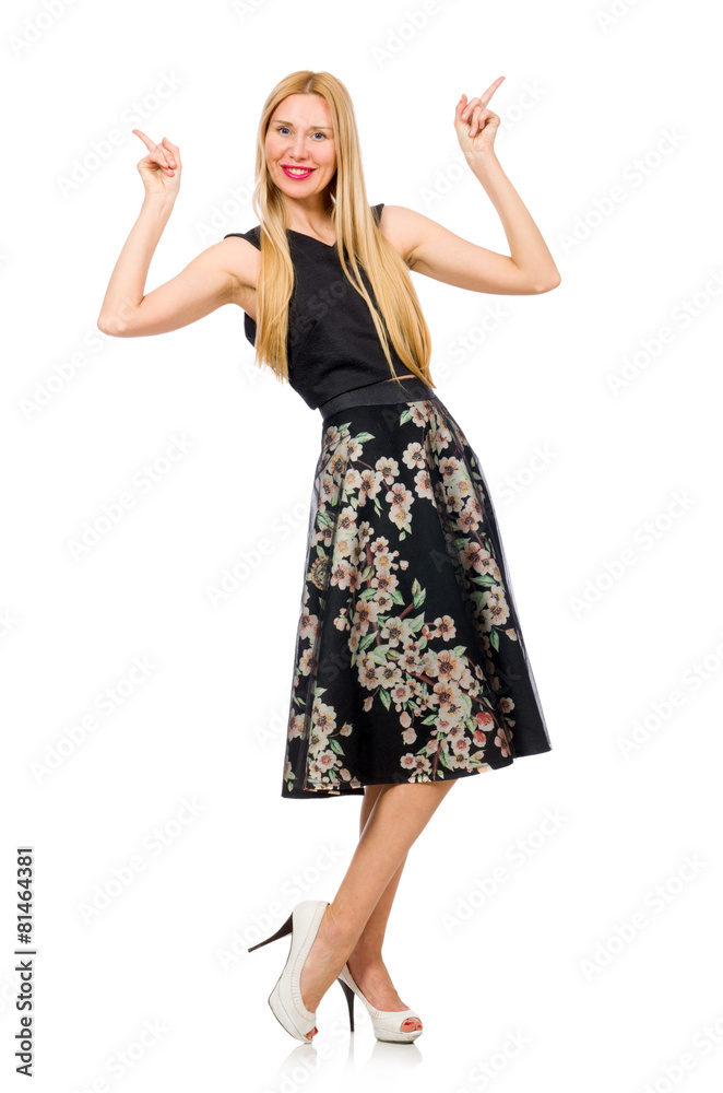 Woman in floral dark skirt isolated on white Woman in floral dark skirt isolated on white