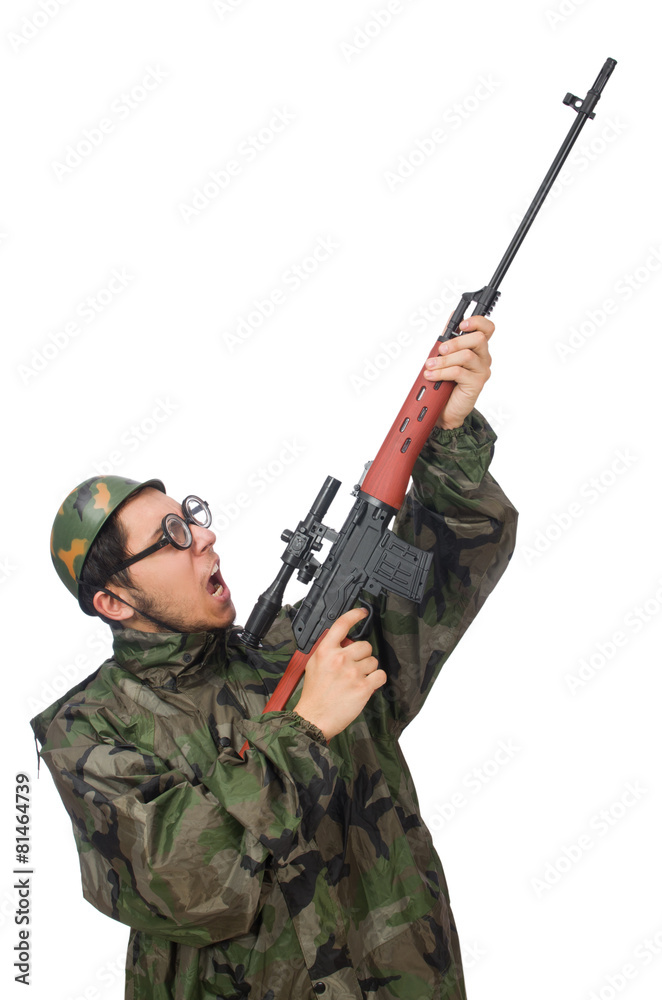 Military man with a gun isolated on white