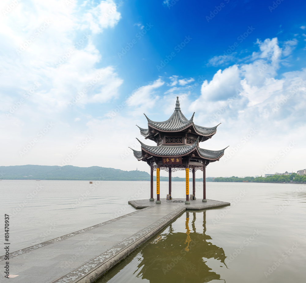 ancient pavilion on the west lake in hangzhou,China