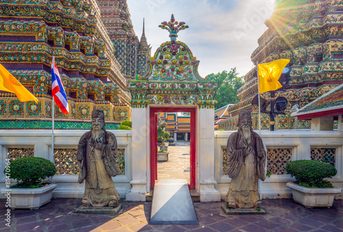 Wat Pho, an ancient remains important of Thailand with sunbeams