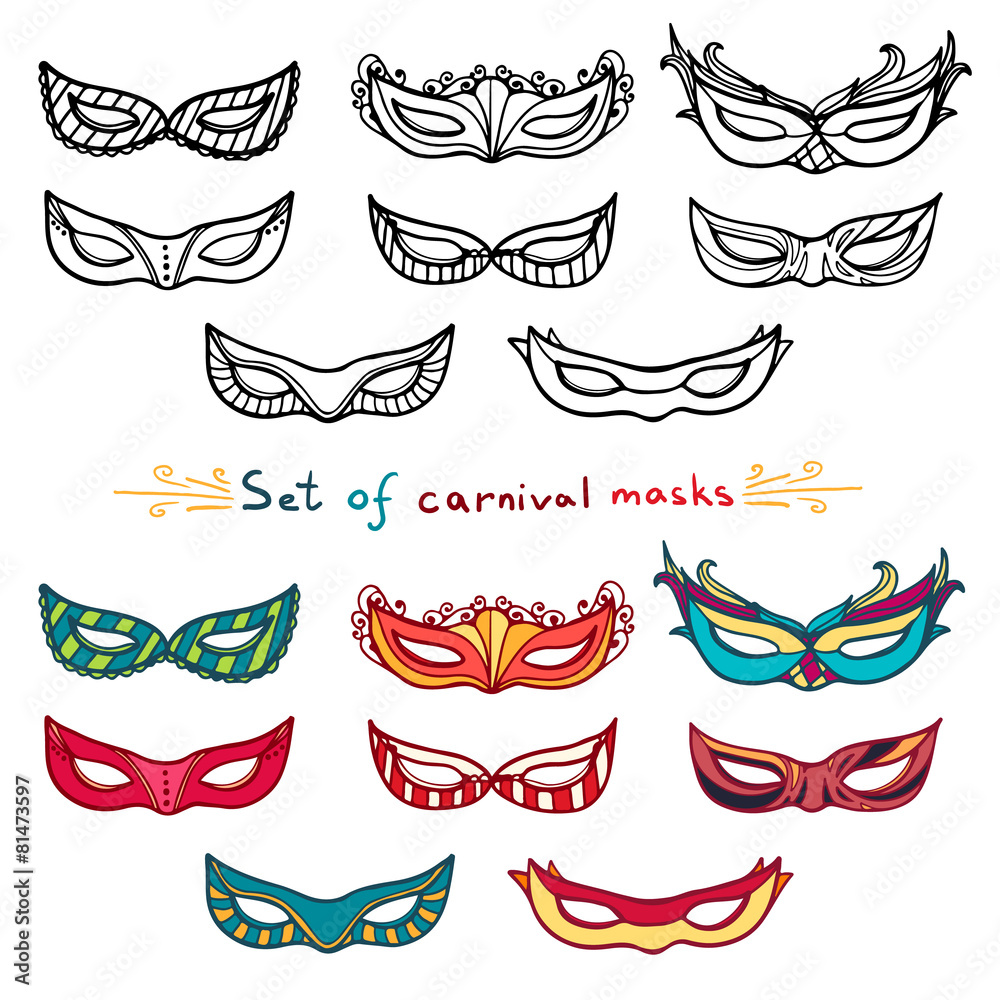 Set of carnival masks. Black and white and color. Doodle style Set of carnival masks. Black and white and color. Doodle style