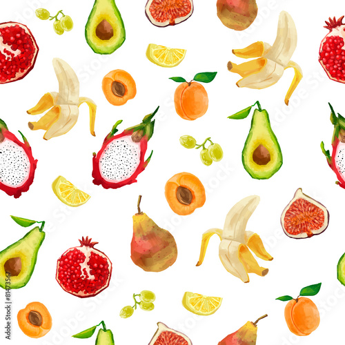 Seamless pattern in watercolor style. Berries  fruits  tropical