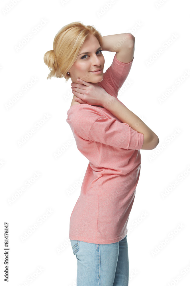 Smiling casual female in jeans and tshirt, over white studio bac Smiling casual female in jeans and tshirt, over white studio bac