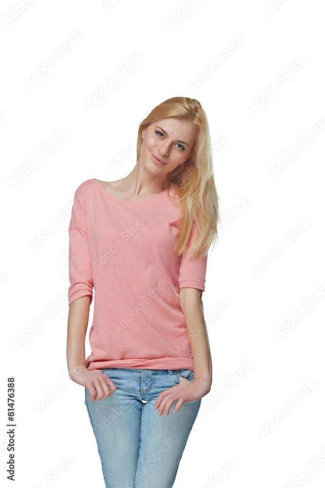 Smiling casual female in jeans and tshirt, over white studio bac Smiling casual female in jeans and tshirt, over white studio bac