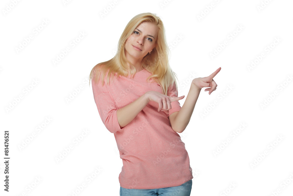 Woman smiling pointing up showing copy space, isolated on white Woman smiling pointing up showing copy space, isolated on white