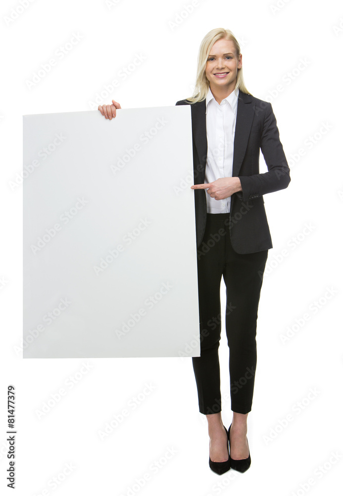 blonde smiling businesswoman with white placard blonde smiling businesswoman with white placard