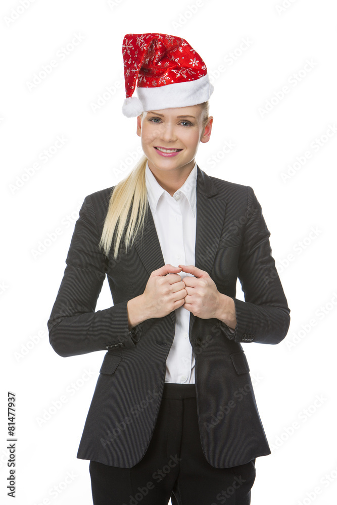 blonde businesswoman with christmas hat smiling at the camera blonde businesswoman with christmas hat smiling at the camera