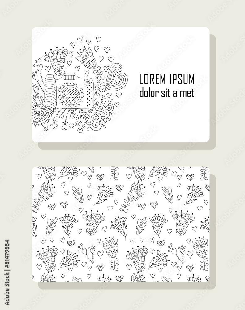 Card with hand drawn floral elements and photo camera.