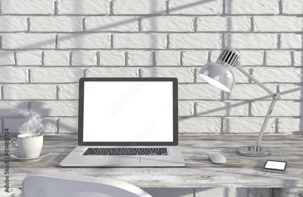 Fototapeta premium 3D illustration laptopand work stuff on table near brick wall