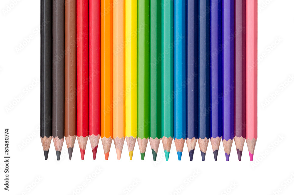 row of colored pencils isolated on white row of colored pencils isolated on white