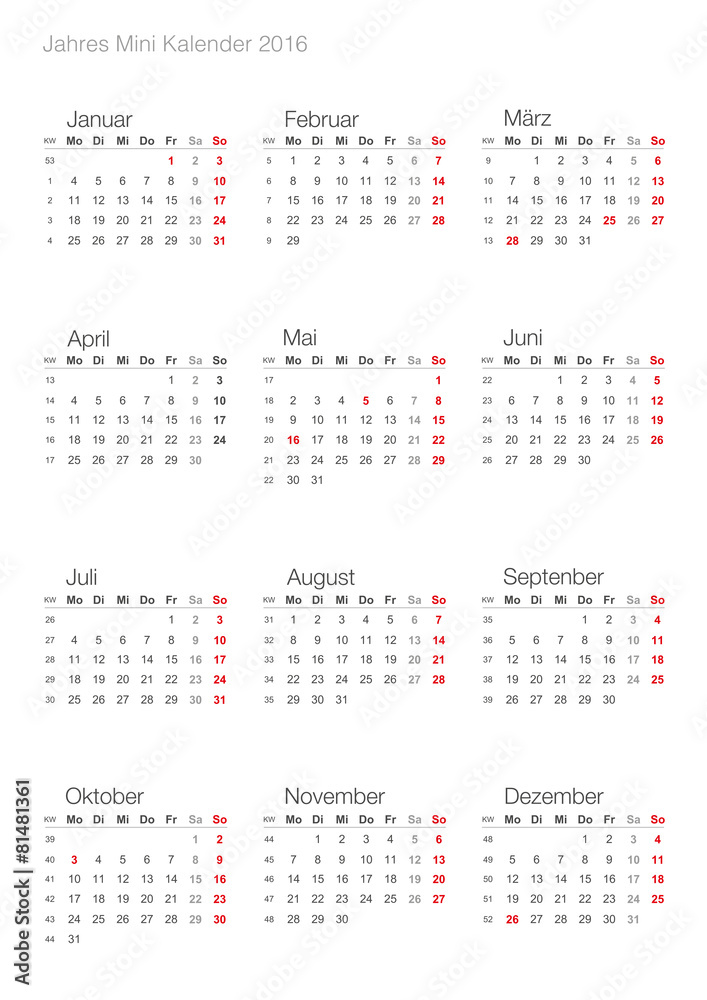 Deutscher Jahreskalender Mini 2016 Deutscher Jahreskalender Mini 2016