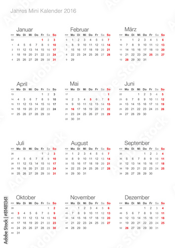 Deutscher Jahreskalender Mini 2016