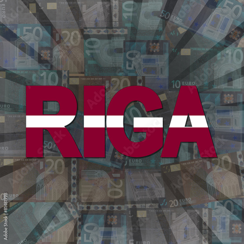 Riga flag text on Euros sunburst illustration