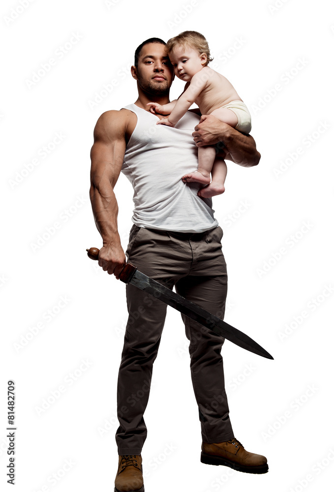 Naklejka premium Father hugging a baby and holding a sword
