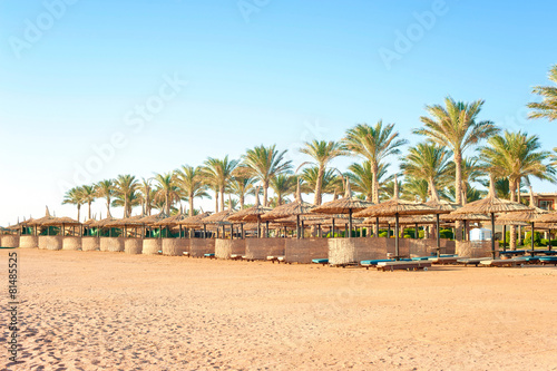 Row of wattled straw umbrellas on sunny beach. Egypt. Sharm-el-s