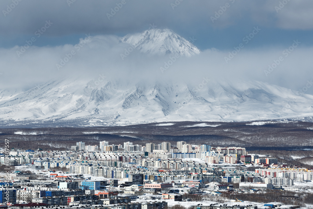 Petropavlovsk-Kamchatsky City and active Koryak Volcano