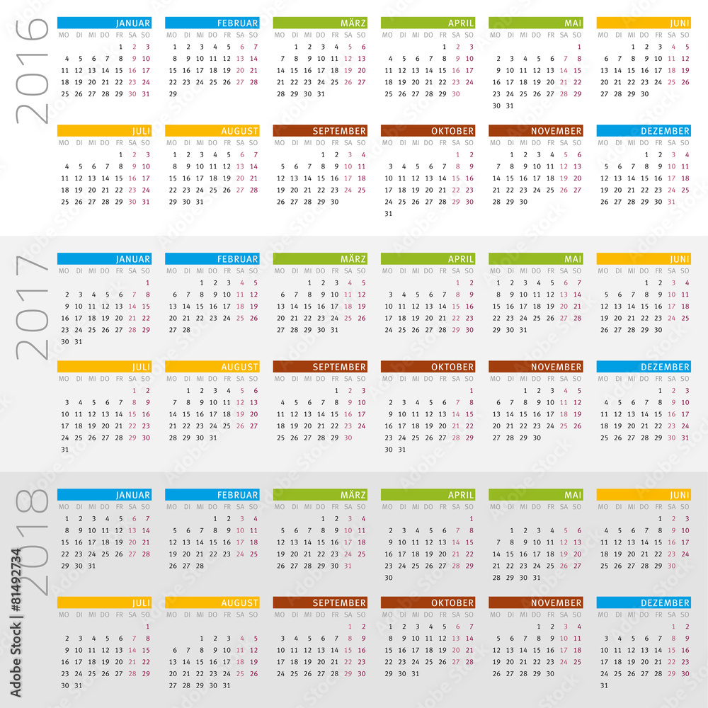 Kalender 2016-2018 Stock Vector | Adobe Stock