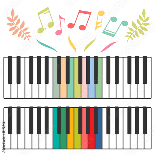 Colored piano keys and notes vector illustration