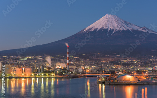 Night View of Mountain Fuji and Industry Zone Cityscape