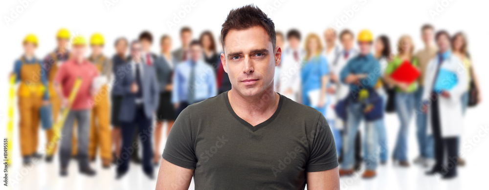 Handsome man and group of people. Handsome man and group of people.
