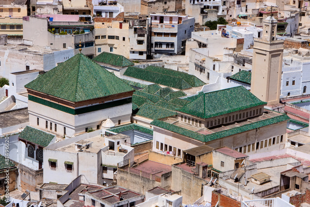 green ceramic tiles on the roof of the palace in Meknes, Morocco