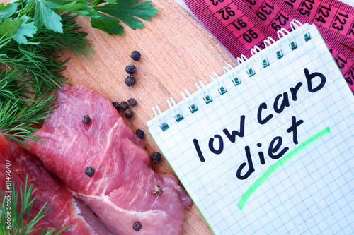 Obraz na plátně Notepad with low carb diet and fresh meat