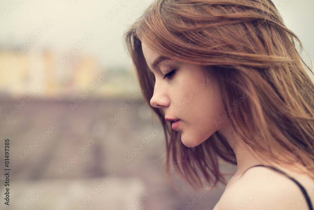 Profile of a beautiful girl closeup Stock Photo