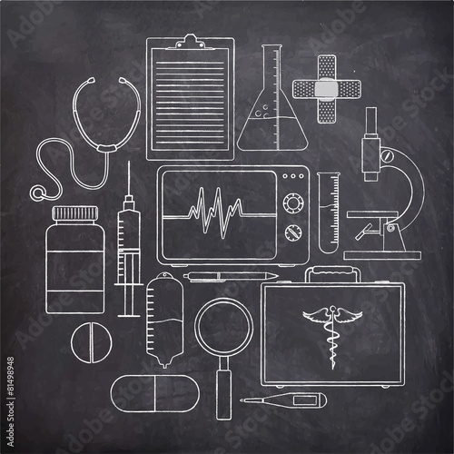 Set of different Medical elements on chalkboard.