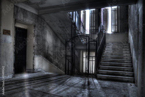 staircase and elevator shaft shadows and light