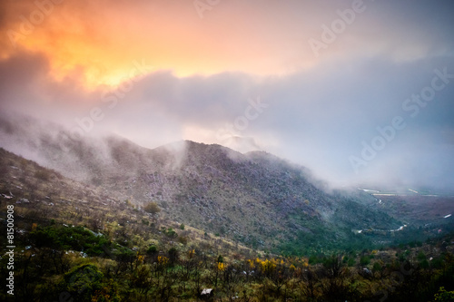 Fog and clouds in the high mountains and the sunlight