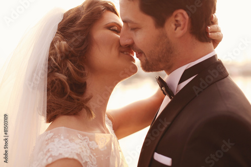Portrait on a bride and groom in sunlight