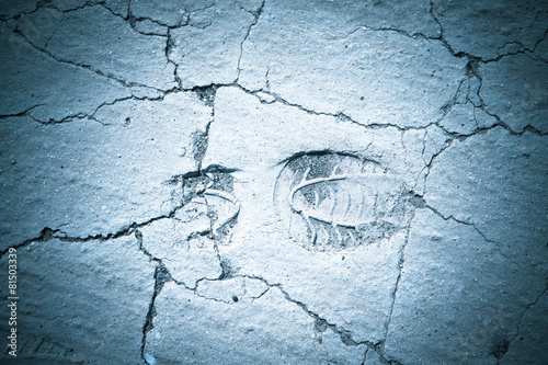 Φωτογραφία Footprint on the dry cracked land. Natural background. Toned