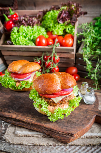 Tasty burger with vegetables