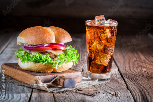 Cold drink with homemade burger