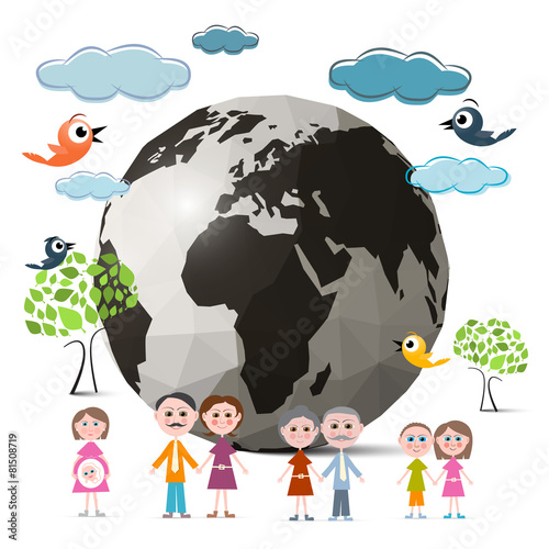 Family Members with Globe - Earth and Trees