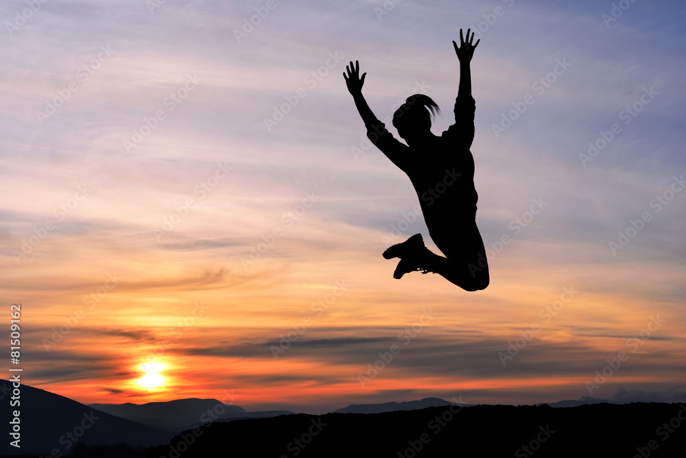 Happy girl woman jump against beautiful sunset. Freedom, enjoyment, landscape Happy girl woman jump against beautiful sunset. Freedom, enjoyment, landscape
