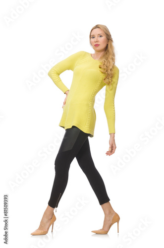 Pretty young woman in yellow blouse isolated on white