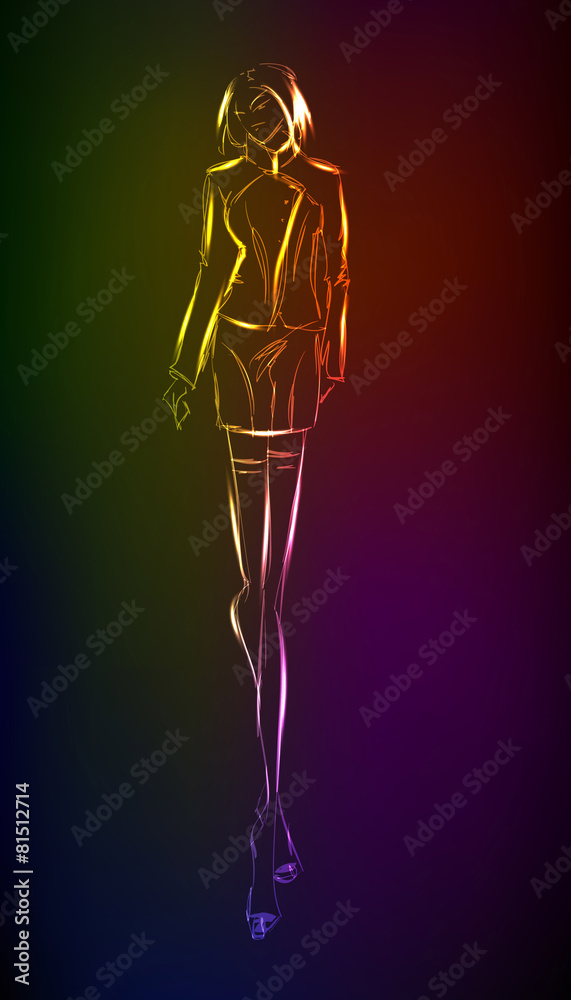 Hand-drawn fashion model from a neon. A light girl's Hand-drawn fashion model from a neon. A light girl's