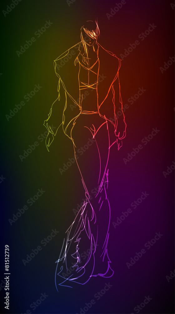 Hand-drawn fashion model from a neon. A light girl's Hand-drawn fashion model from a neon. A light girl's