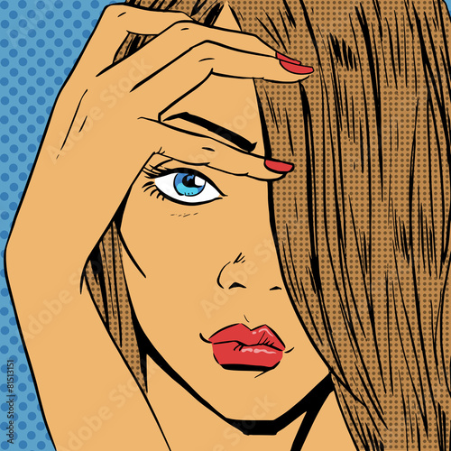 Face the girl looks beautiful pop art comics retro style Halfton