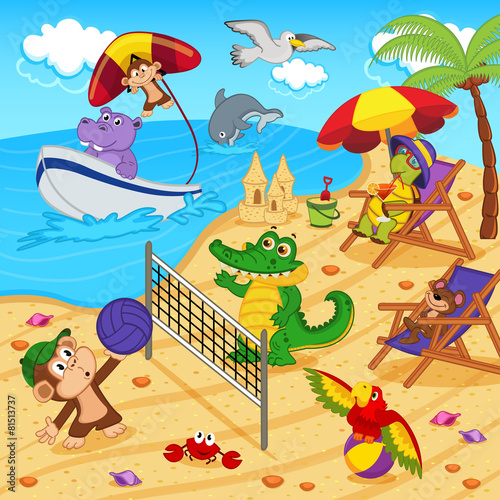 animals resting on beach - vector illustration, eps