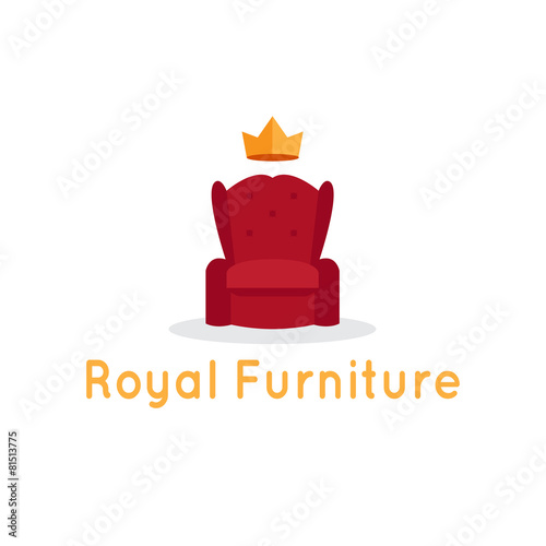 Vector modern flat furniture shop logo. Red armchair with crown