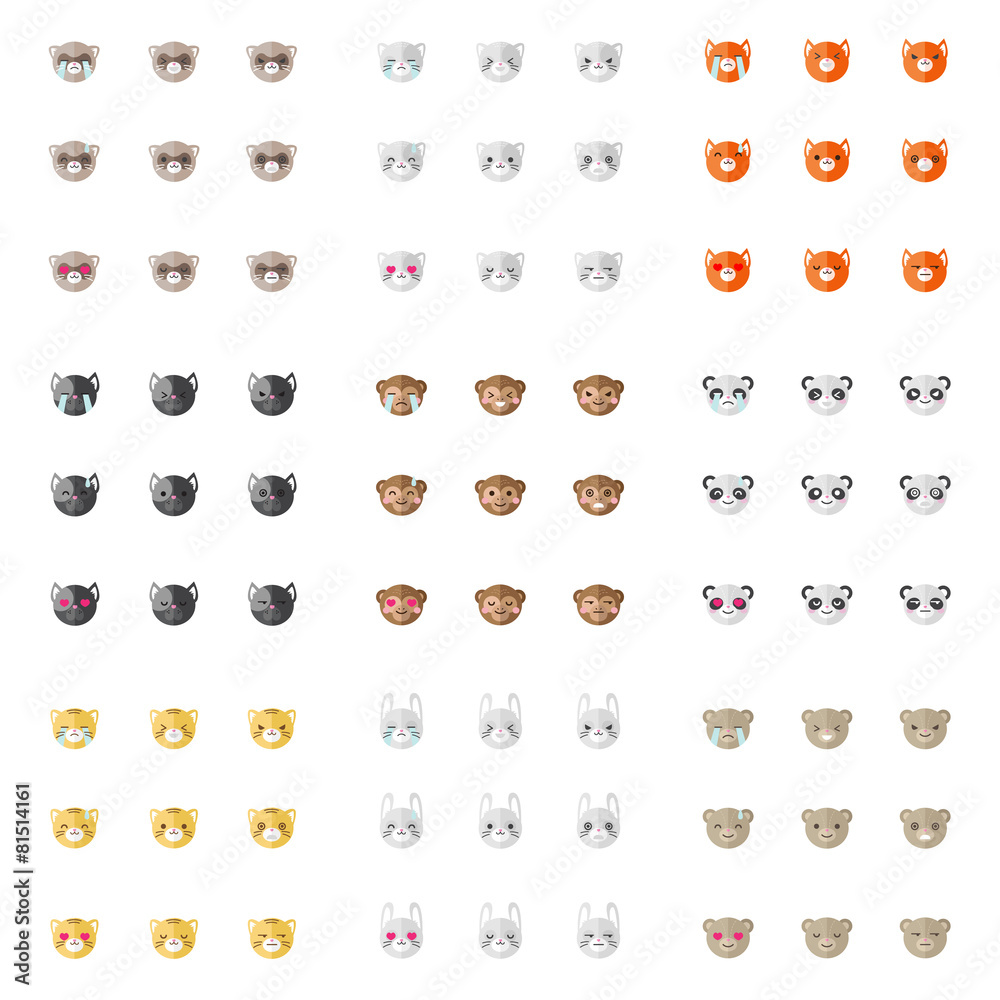 Obraz premium Vector minimalistic flat animal emoticons collection. Nine emoji