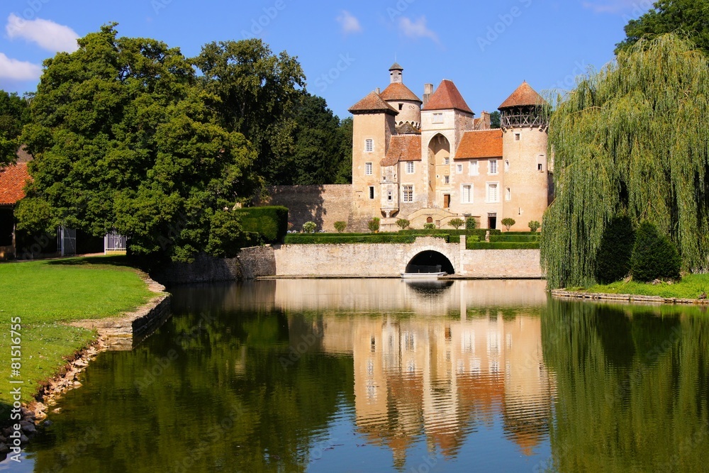 Medieval Chateau de Sercy with reflections, Burgundy, France